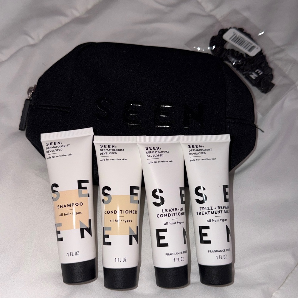 SEEN 6 Piece Hair Care Set Shampoo Conditioner Leave In Pouch & Scrunchie Black